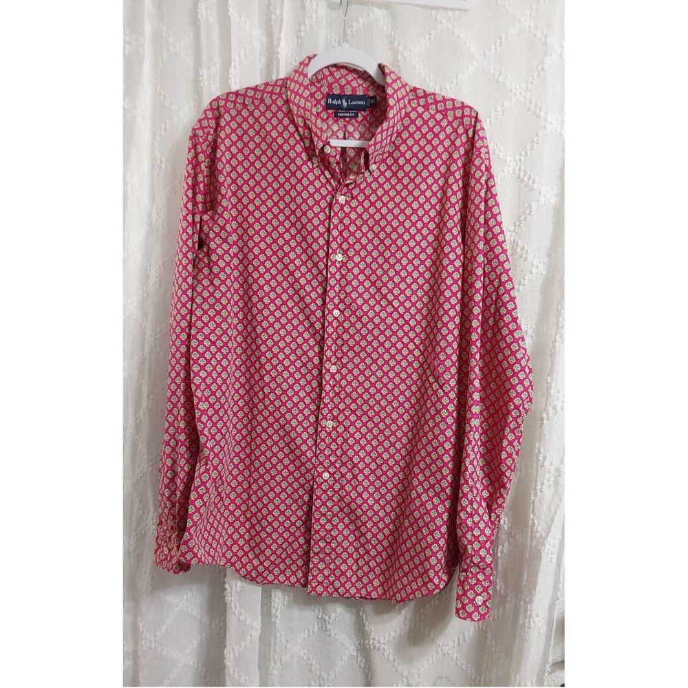 Ralph Lauren Mens XXL Custom Fit Pink Geometric Floral Button Down Shirt Cotton